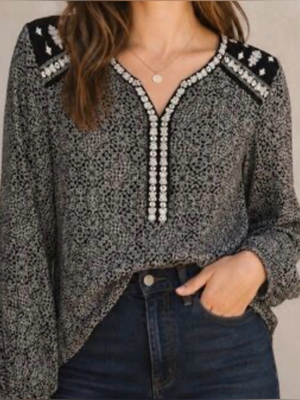 Lucky Brand Black and Gray Printed Embroidered Peasant Top 1X